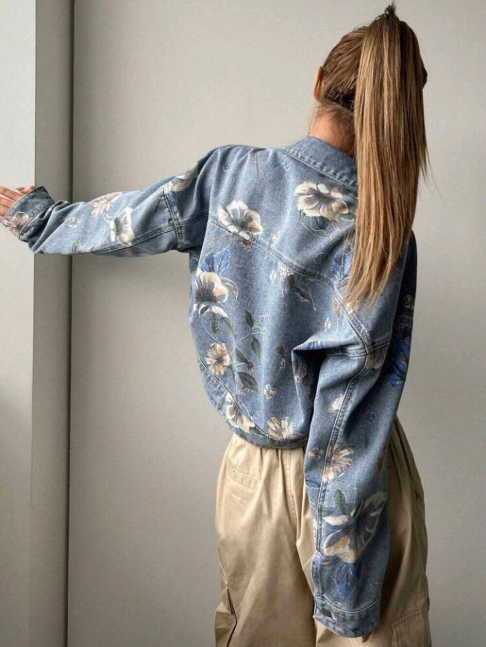 Women's Floral Printed Open-Front Denim Jacket Y2k